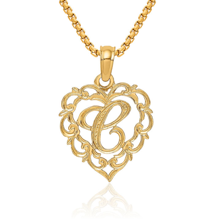 14K Solid Yellow Gold Heart Dainty Letter C Initial Name Monogram Necklace Chain Pendant Charm