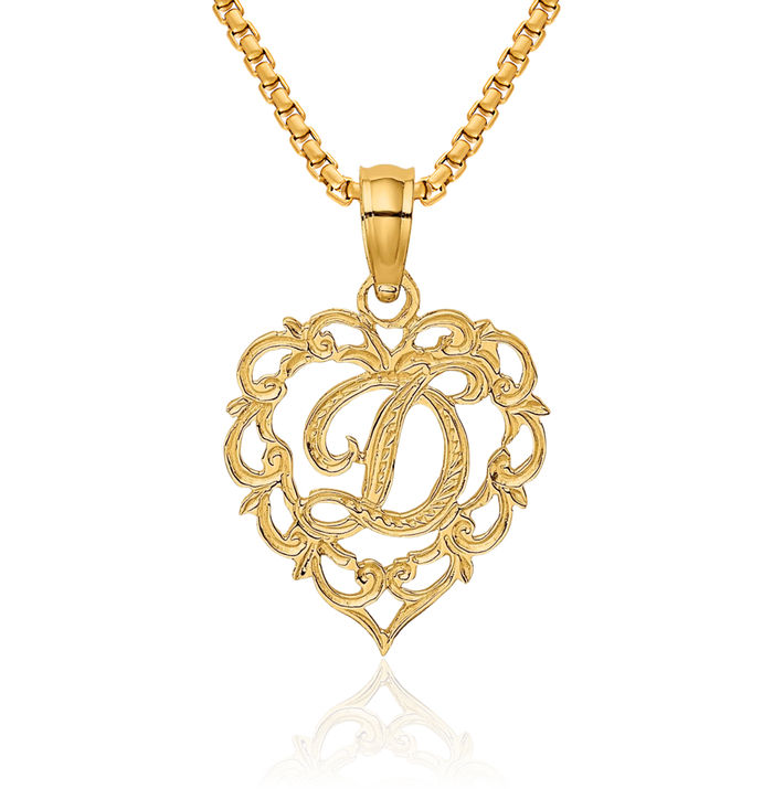 14K Solid Yellow Gold Heart Dainty Letter D Initial Name Monogram Necklace Chain Pendant Charm