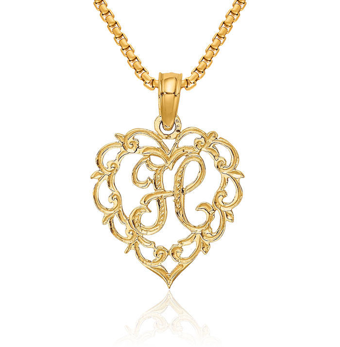 14K Solid Yellow Gold Heart Dainty Letter H Initial Name Monogram Necklace Chain Pendant Charm