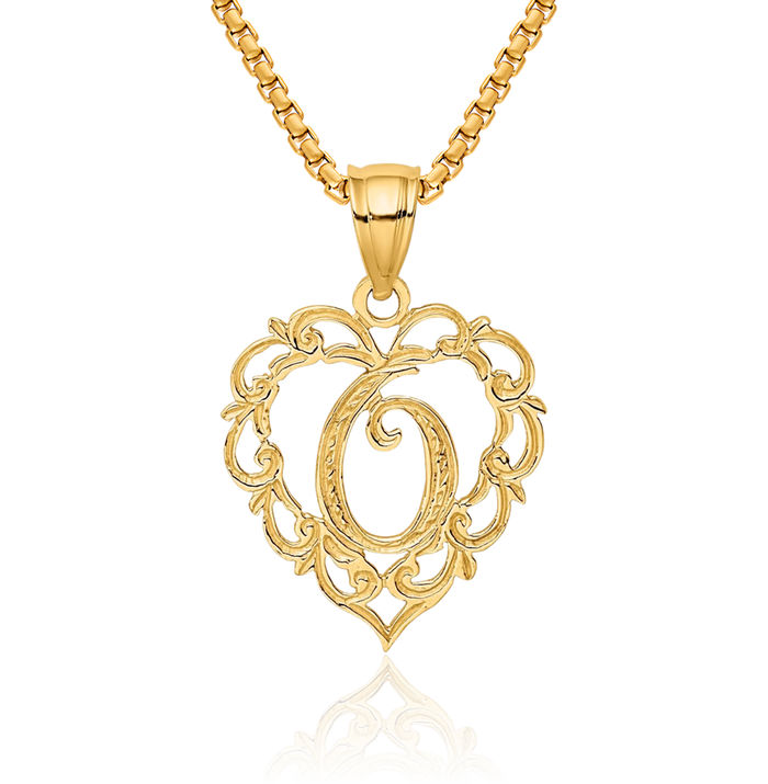 14K Solid Yellow Gold Heart Dainty Letter O Initial Name Monogram Necklace Chain Pendant Charm