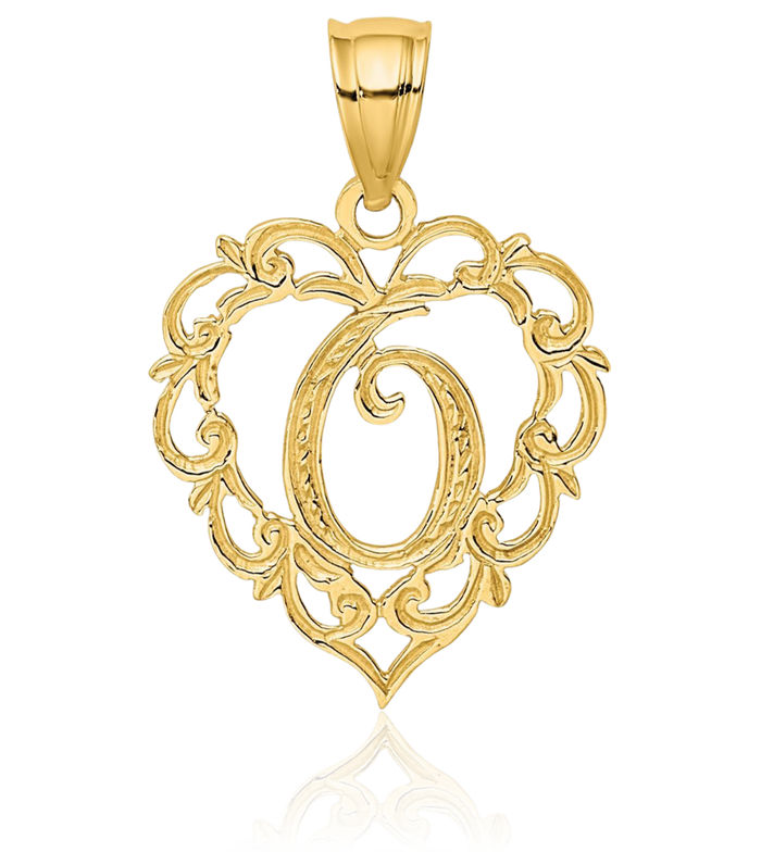 14K Solid Yellow Gold Heart Dainty Letter O Initial Name Monogram Necklace Chain Pendant Charm