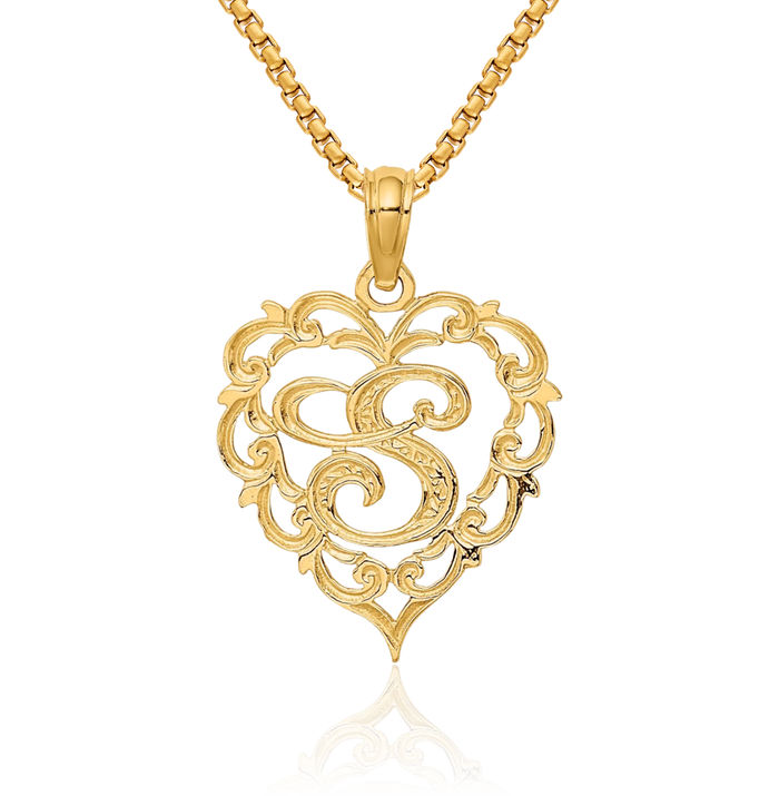 14K Solid Yellow Gold Heart Dainty Letter S Initial Name Monogram Necklace Chain Pendant Charm