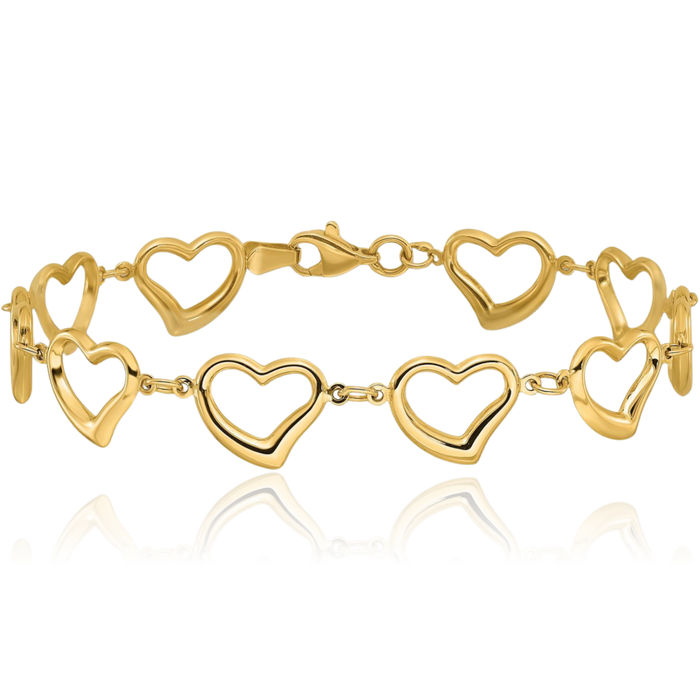 14K Solid Yellow Gold Heart Link Chain Charm Bracelet