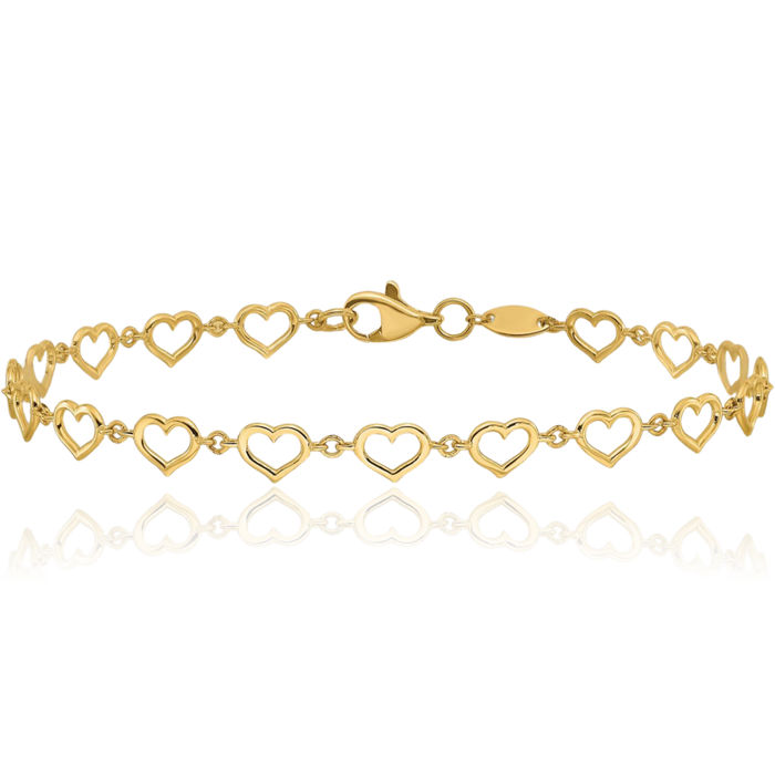 14K Solid Yellow Gold Heart Link Chain Charm Bracelet