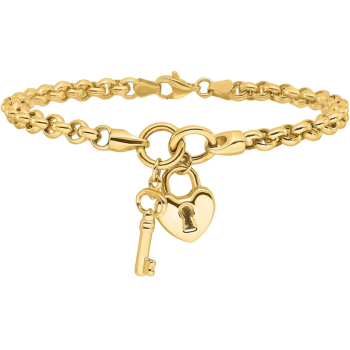 14K Solid Yellow Gold Heart Lock Key Chain Charm Bracelet