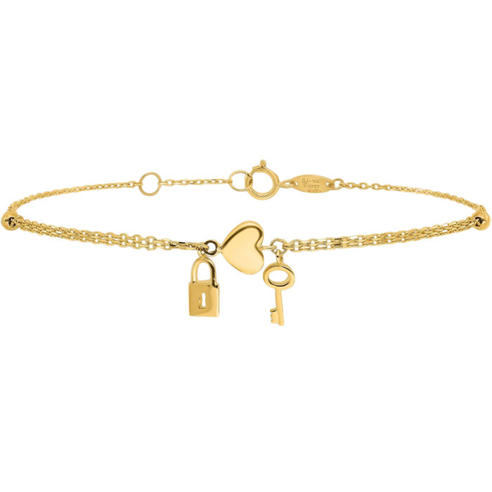 14K Solid Yellow Gold Heart Lock Key Chain Charm Bracelet