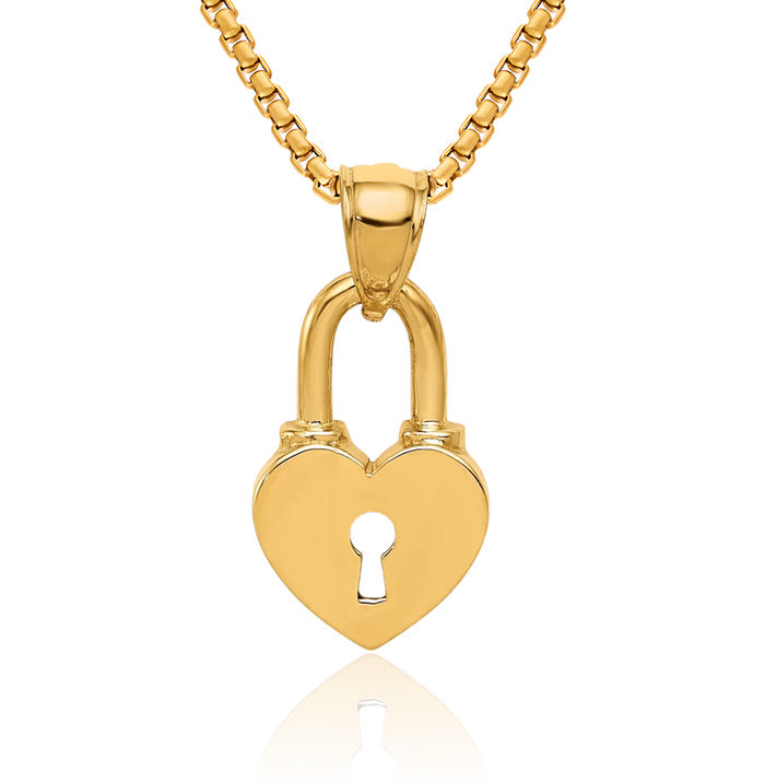 14K Solid Yellow Gold Heart Lock Necklace Chain Pendant Charm
