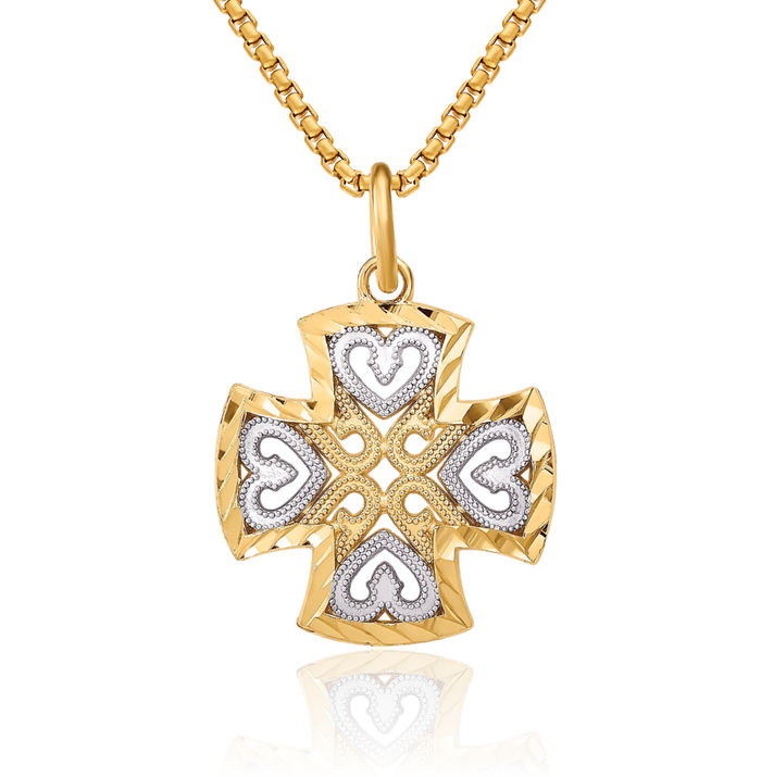 14K Solid Yellow Gold Heart Maltese Holy Cross Necklace Religious Chain Pendant Jesus Christ Charm