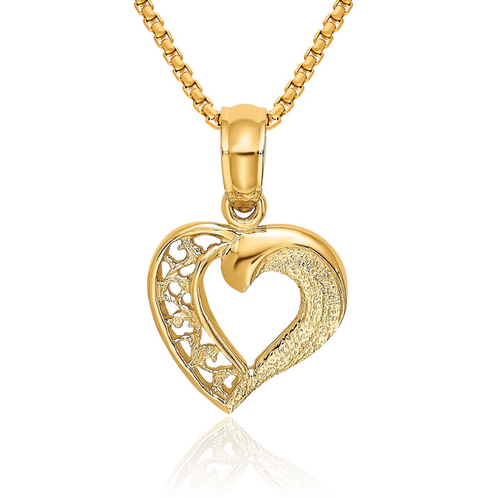 14K Solid Yellow Gold Heart Necklace Love Pendant Charm