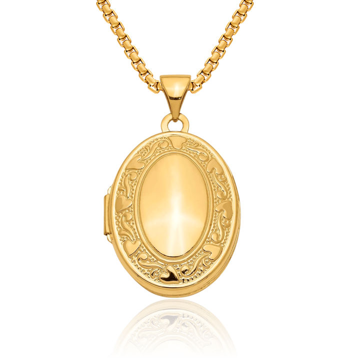 14K Solid Yellow Gold Heart Oval Personalized Photo Locket Necklace Picture Pendant Charm