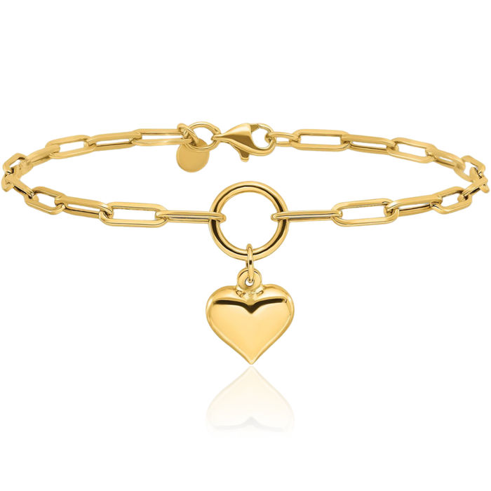 14K Solid Yellow Gold Heart Paperclip Cable Rolo Link Chain Charm Bracelet