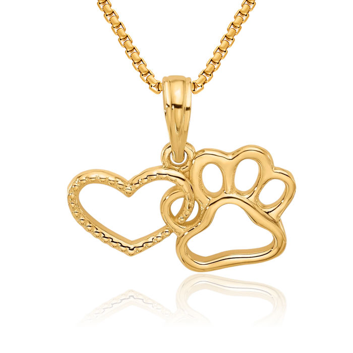 14K Solid Yellow Gold Heart Paw Print Pet Necklace Chain Pendant Charm