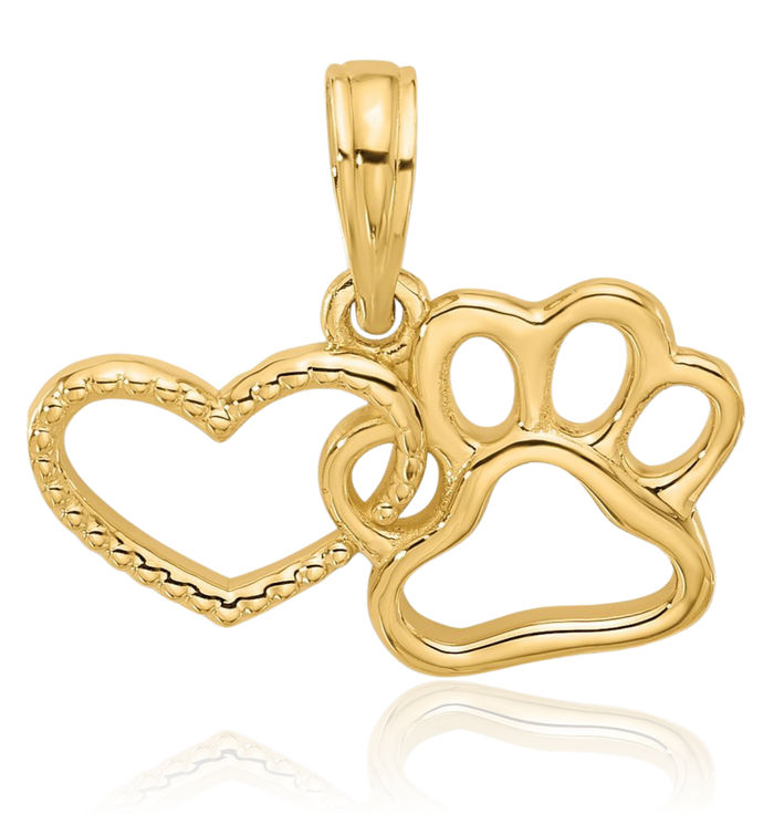 14K Solid Yellow Gold Heart Paw Print Pet Necklace Chain Pendant Charm