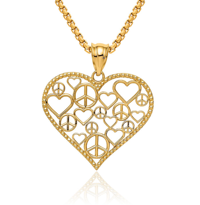 14K Solid Yellow Gold Heart Peace Signs Necklace Love Pendant Charm