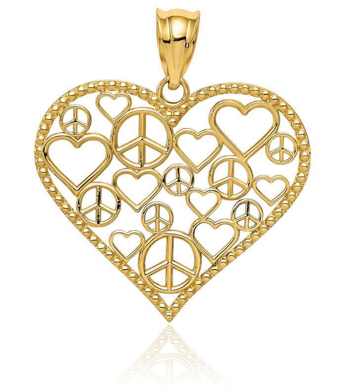 14K Solid Yellow Gold Heart Peace Signs Necklace Love Pendant Charm