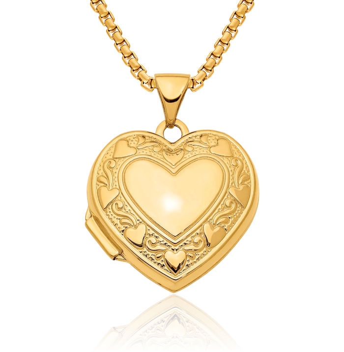 14K Solid Yellow Gold Heart Personalized Photo Locket Necklace Picture Pendant Charm