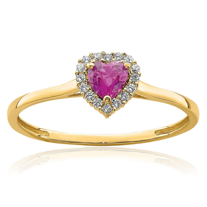 14K Solid Yellow Gold Heart Pink Cubic Zirconia CZ Ring