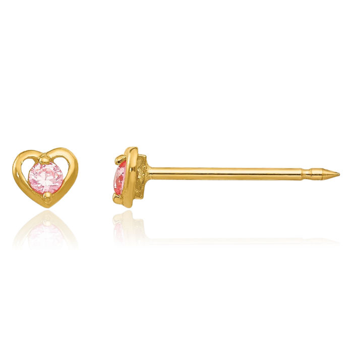 14K Solid Yellow Gold Heart Pink Cubic Zirconia CZ Stud Earrings