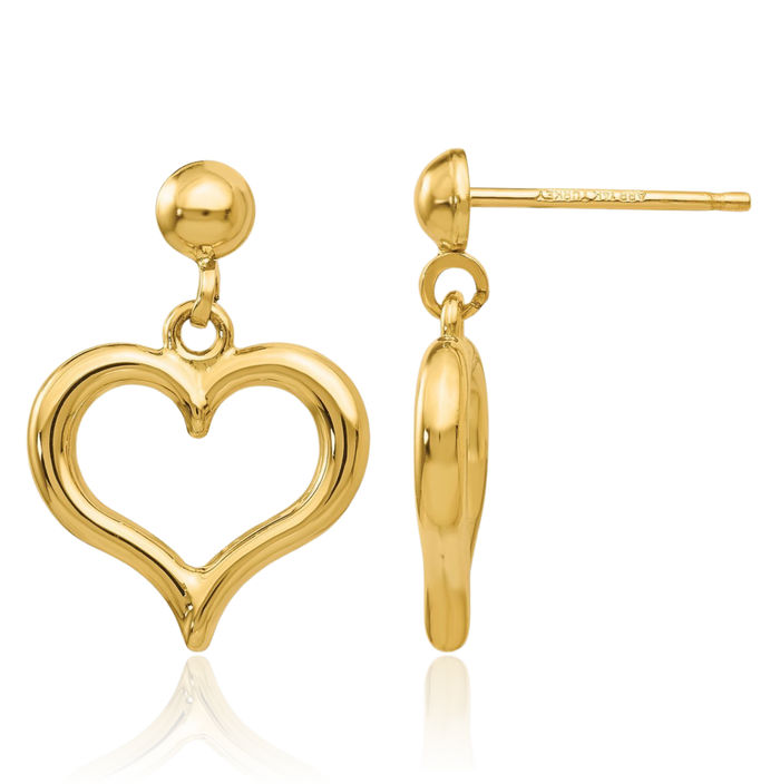 14K Solid Yellow Gold Heart Post Drop Dangle Earrings