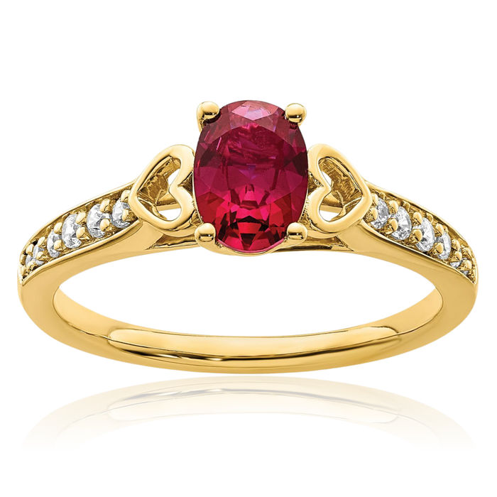 14K Solid Yellow Gold Side Heart Red Ruby Diamond Ring Gemstone Band July Birthstone Jewelry