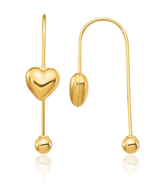 14K Solid Yellow Gold Heart Screw End Threader Drop Dangle Earrings