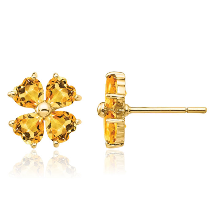 14K Solid Yellow Gold Heart Shaped Orange Citrine Flower Stud Earrings November Birthstone Jewelry