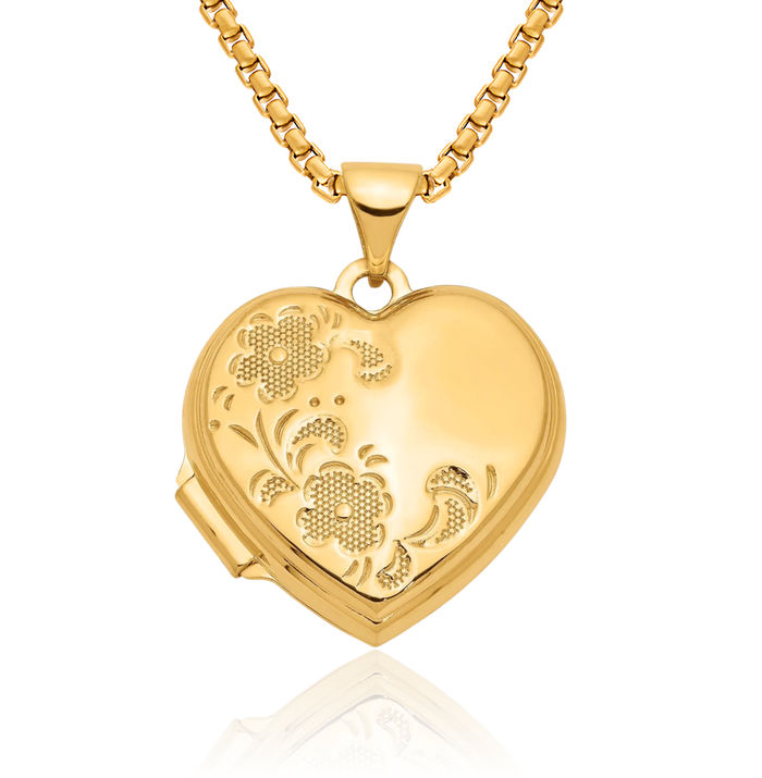 14K Solid Yellow Gold Heart Shaped Flower Locket Necklace Chain Pendant Charm