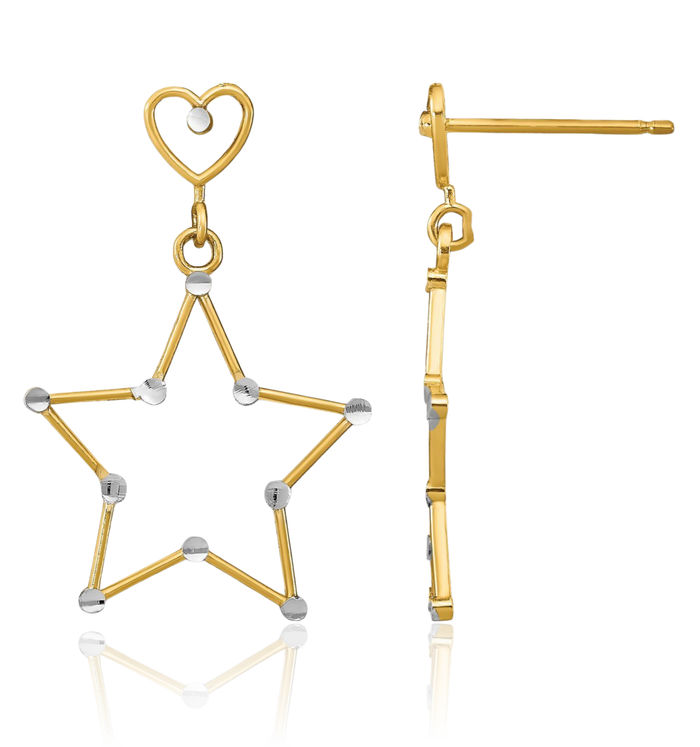 14K Solid Yellow Gold Heart Star Post Drop Dangle Earrings