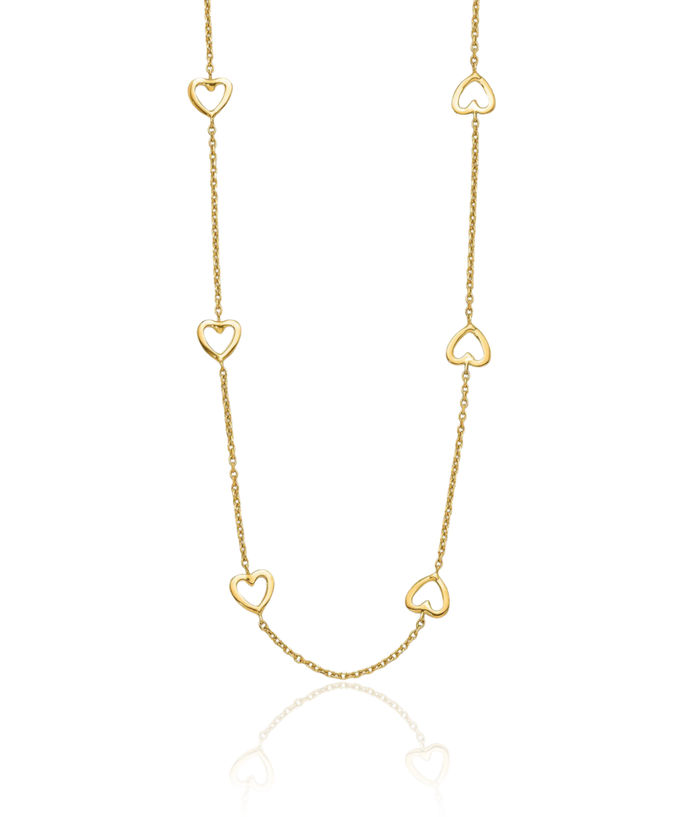 14K Solid Yellow Gold Heart Station Necklace Chain