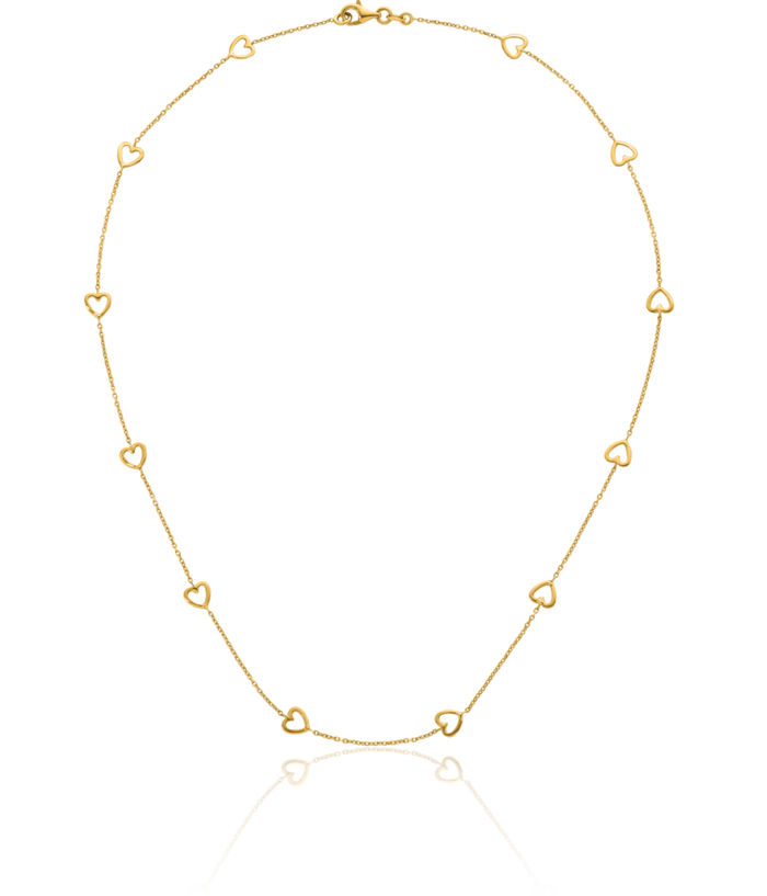 14K Solid Yellow Gold Heart Station Necklace Chain