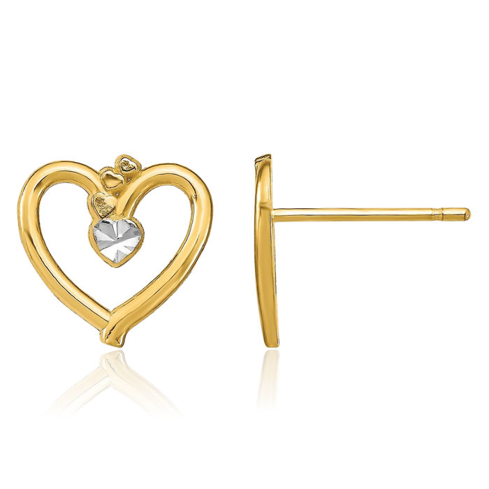 14K Solid Yellow Gold Heart Stud Earrings