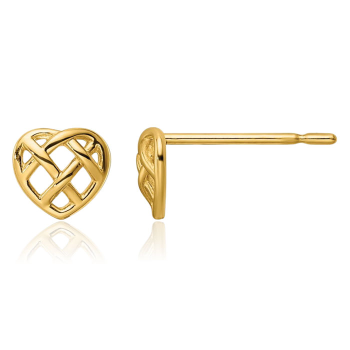 14K Solid Yellow Gold Heart Stud Earrings