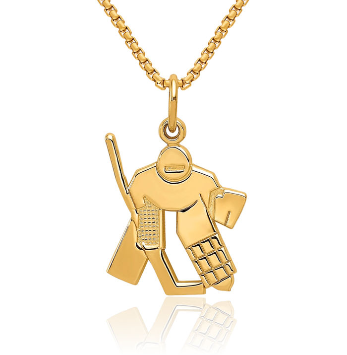 14K Solid Yellow Gold Hockey Goalie Stick Puck Glove Necklace Charm Sports Pendant