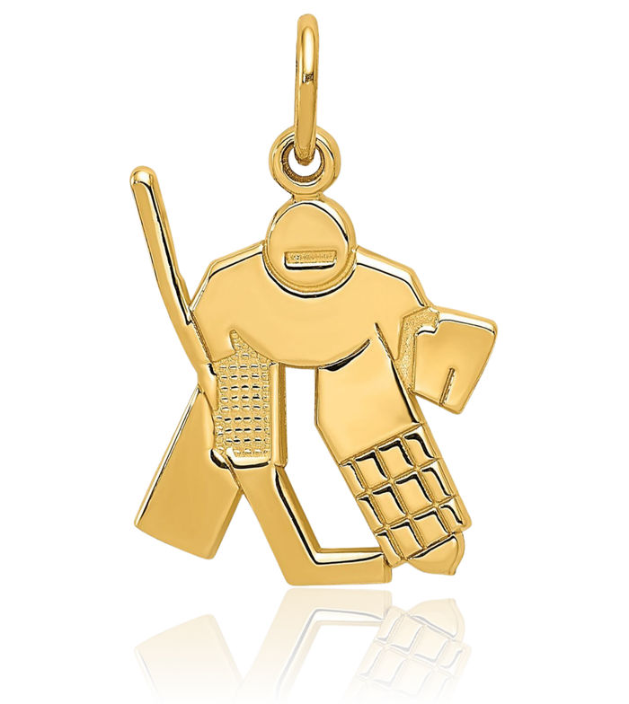 14K Solid Yellow Gold Hockey Goalie Stick Puck Glove Necklace Charm Sports Pendant