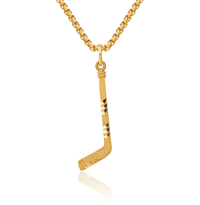 14K Solid Yellow Gold Hockey Goalie Stick Puck Glove Necklace Charm Sports Pendant