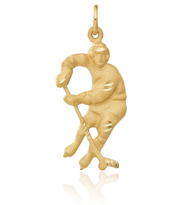 14K Solid Yellow Gold Hockey Goalie Stick Puck Glove Player Necklace Charm Sports Pendant