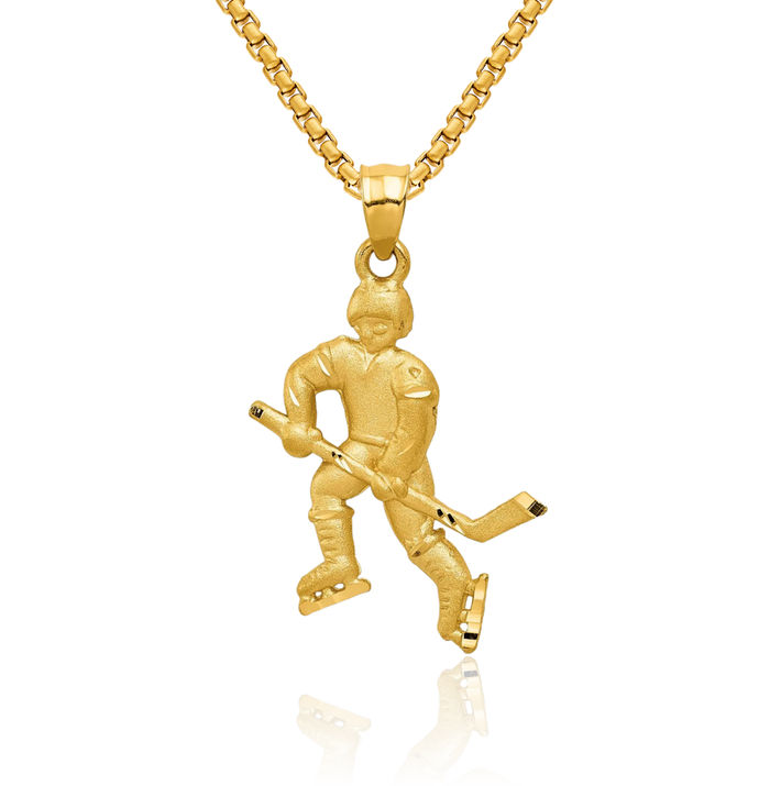 14K Solid Yellow Gold Hockey Goalie Stick Puck Glove Player Necklace Charm Sports Pendant