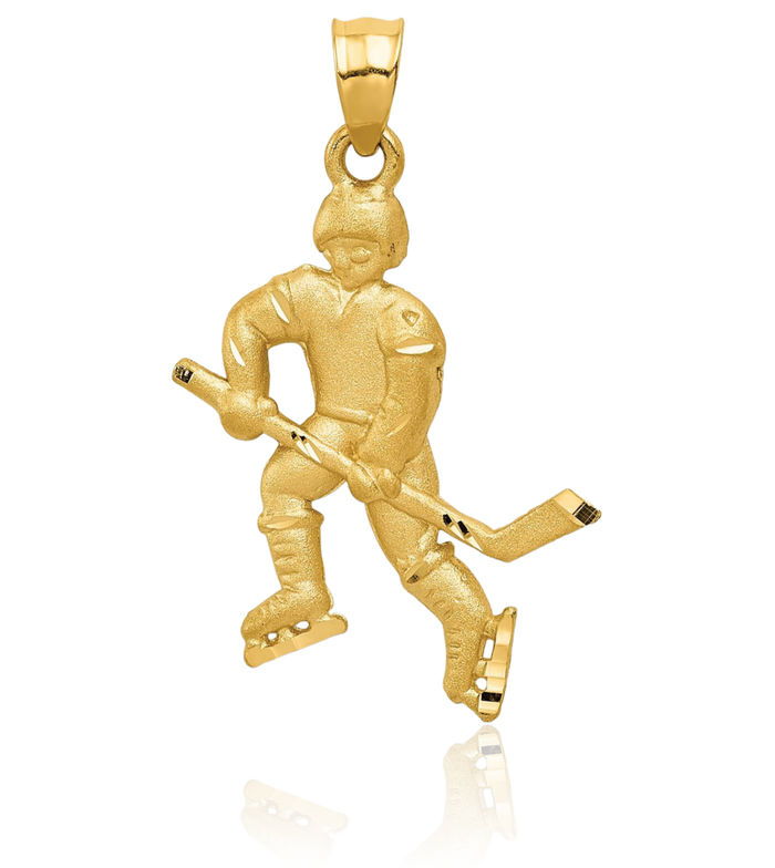 14K Solid Yellow Gold Hockey Goalie Stick Puck Glove Player Necklace Charm Sports Pendant