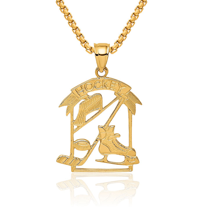 14K Solid Yellow Gold Hockey Goalie Stick Puck Glove Story Necklace Charm Sports Pendant