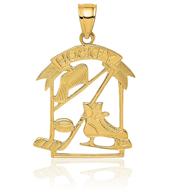 14K Solid Yellow Gold Hockey Goalie Stick Puck Glove Story Necklace Charm Sports Pendant