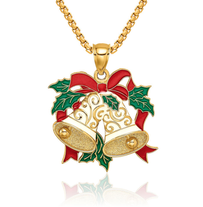 14K Solid Yellow Gold Holiday Bells Holly Necklace Chain Pendant Charm