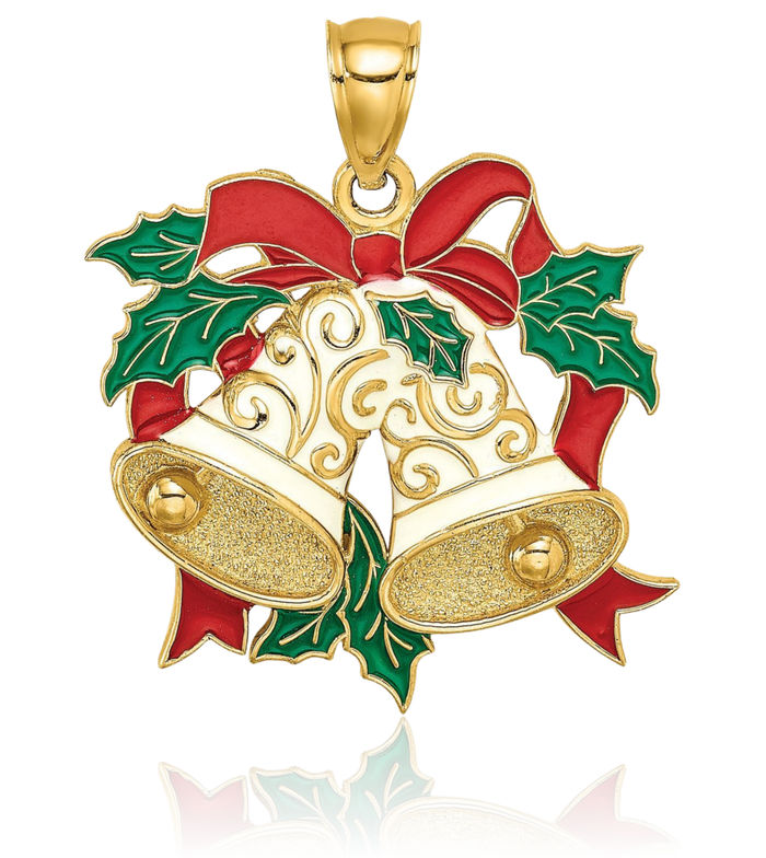 14K Solid Yellow Gold Holiday Bells Holly Necklace Chain Pendant Charm