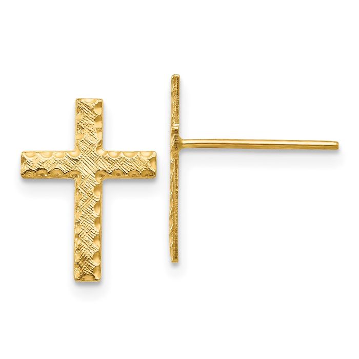 14K Solid Yellow Gold Holy Cross Drop Dangle Christian Religious Stud Earrings