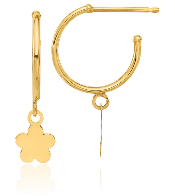 14K Solid Yellow Gold Hoop Flower Drop Dangle Earrings