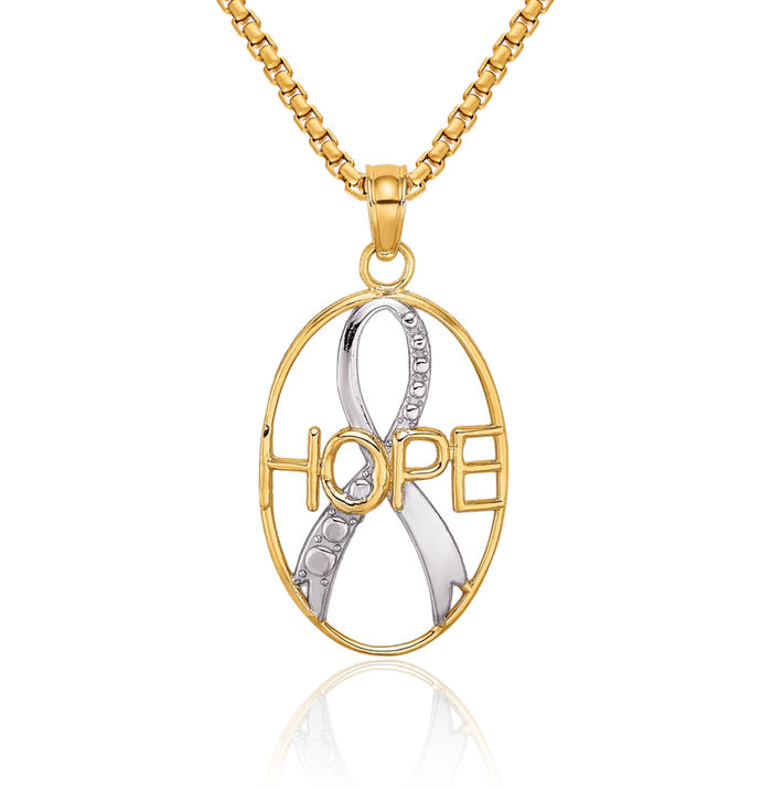 14K Solid Yellow Gold Hope Cancer Awareness Ribbon Necklace Chain Pendant Charm