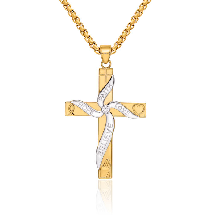 14K Solid Yellow Gold Hope Faith Love Believe Latin Mexican Holy Cross Necklace Religious Chain Pendant Jesus Christ Charm