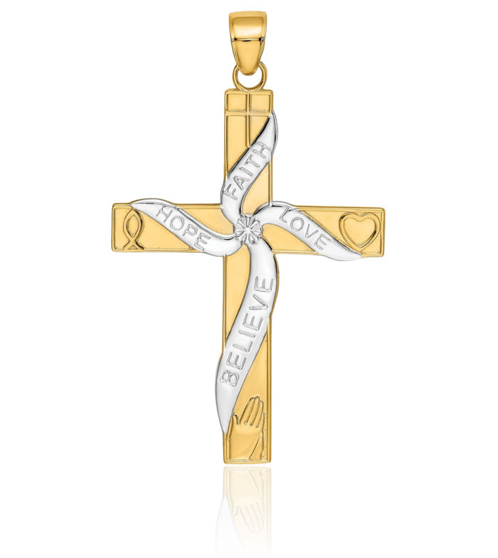 14K Solid Yellow Gold Hope Faith Love Believe Latin Mexican Holy Cross Necklace Religious Chain Pendant Jesus Christ Charm