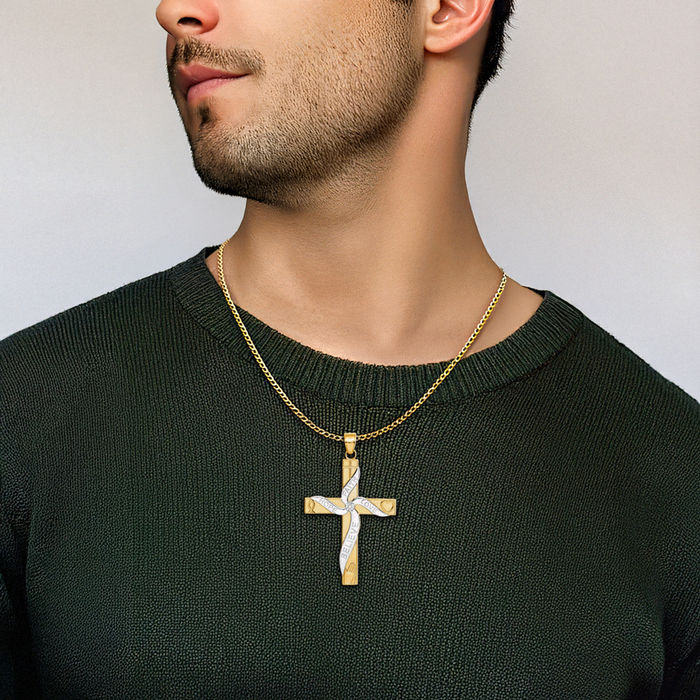 14K Solid Yellow Gold Hope Faith Love Believe Latin Mexican Holy Cross Necklace Religious Chain Pendant Jesus Christ Charm