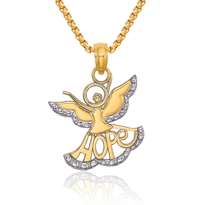 14K Solid Yellow Gold Hope Guardian Angel Wings Necklace Protect Us Cherub Pendant Religious Charm