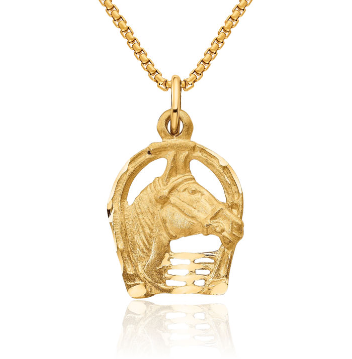 14K Solid Yellow Gold Horse Head Lucky Horseshoe Necklace Animal Lover Pendant Equestrian Charm